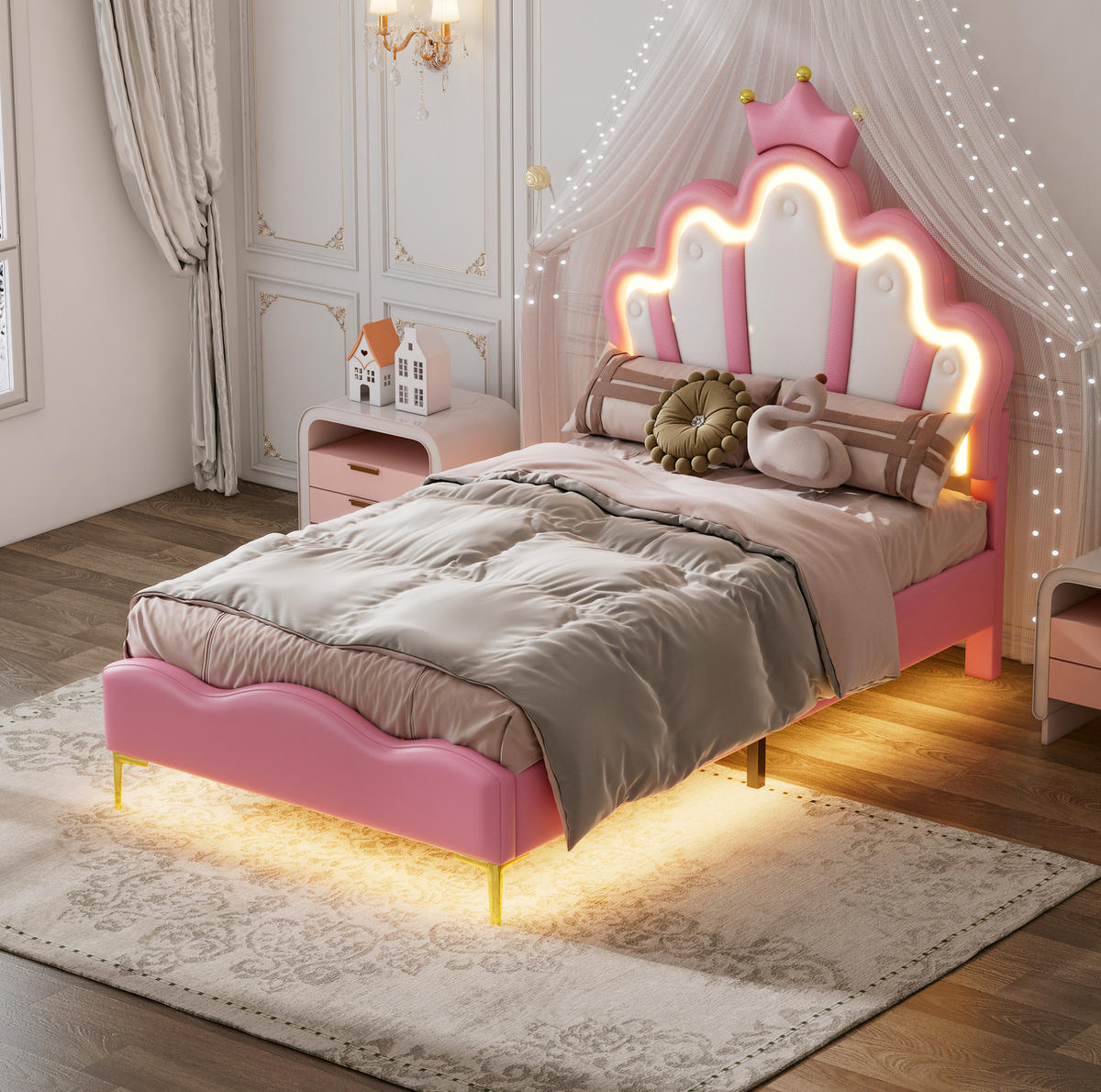 KINDERBETT Polsterbett 90/200 cm aus PU-Kunstleder mit LED-Beleuchtung und Kronenkopfteil Rosa - Rosa, Kunststoff (90/200cm) - Modenvie