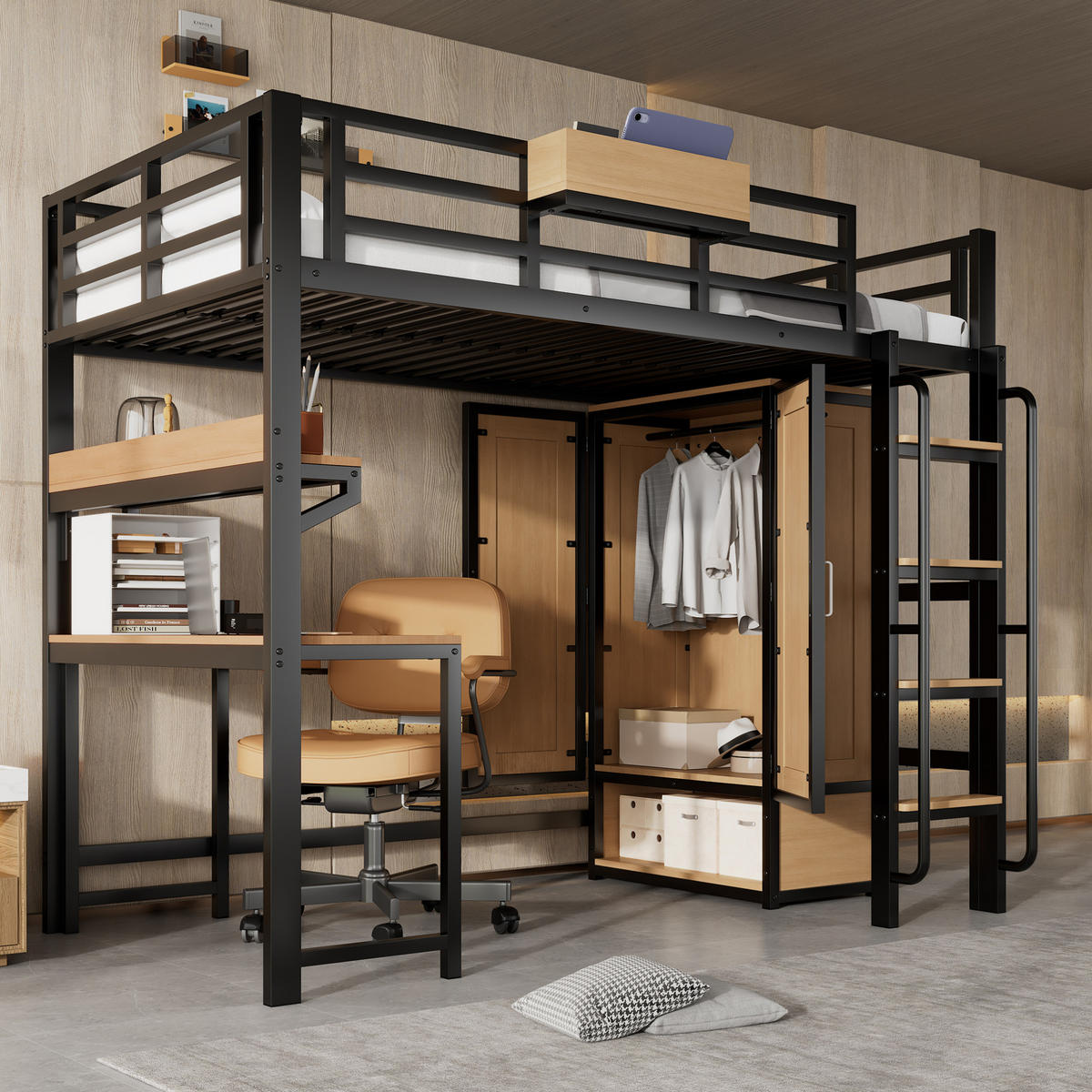 HOCHBETT 90/200 cm mit Kleiderschrank, Schreibtisch und Regal in Schwarz/Natur - Schwarz, Metall (90/200cm) - Flora Grace