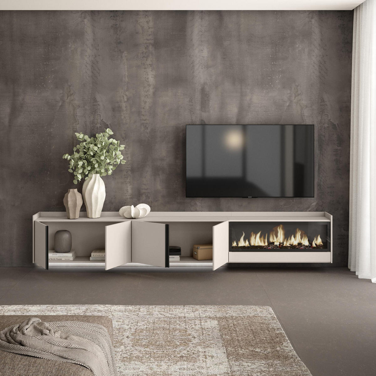 LOWBOARD, Beige, 315/35/50cm, Kamin mit Feuereffekt XXL - Beige, Holzwerkstoff (315/50/35cm) - Skraut Home