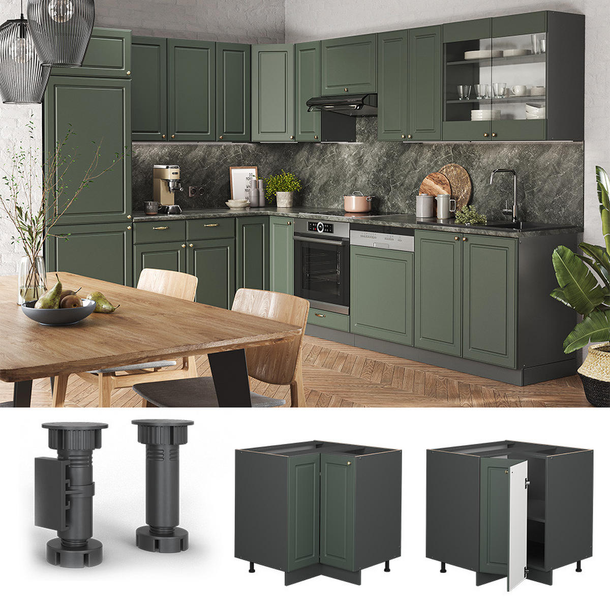 ECKUNTERSCHRANK Fame-Line Grün-Gold Landhaus 80.5 cm, AP Anthrazit - Anthrazit/Grün, Holzwerkstoff (80.5/82/60cm) - Vicco