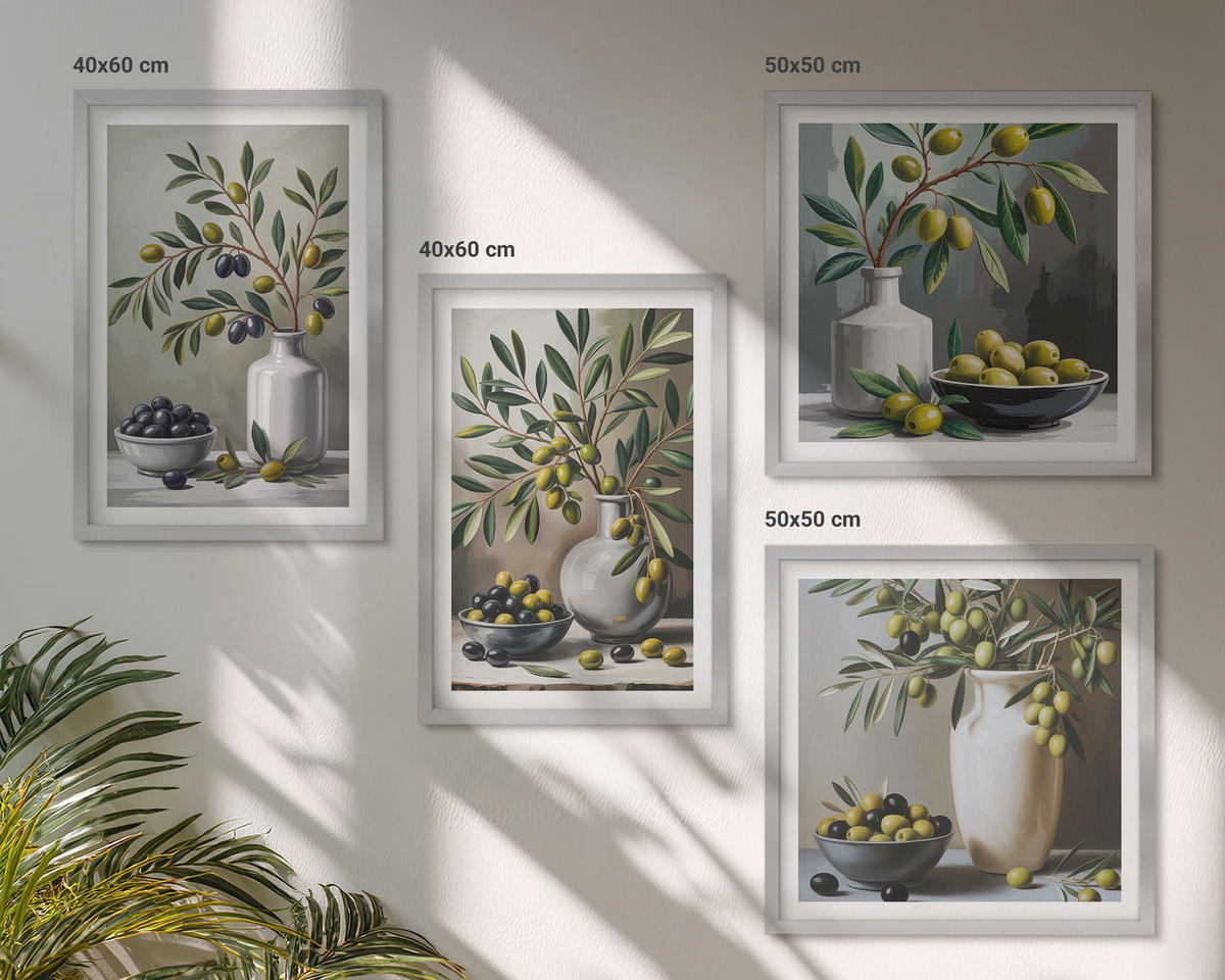 WANDBILDER 4er Set - 50x50 cm & 40x60 cm Silberner Rahmen - Oliven in Keramikgrau - Silberfarben, Kunststoff (50/50cm) - ArtPrintCave