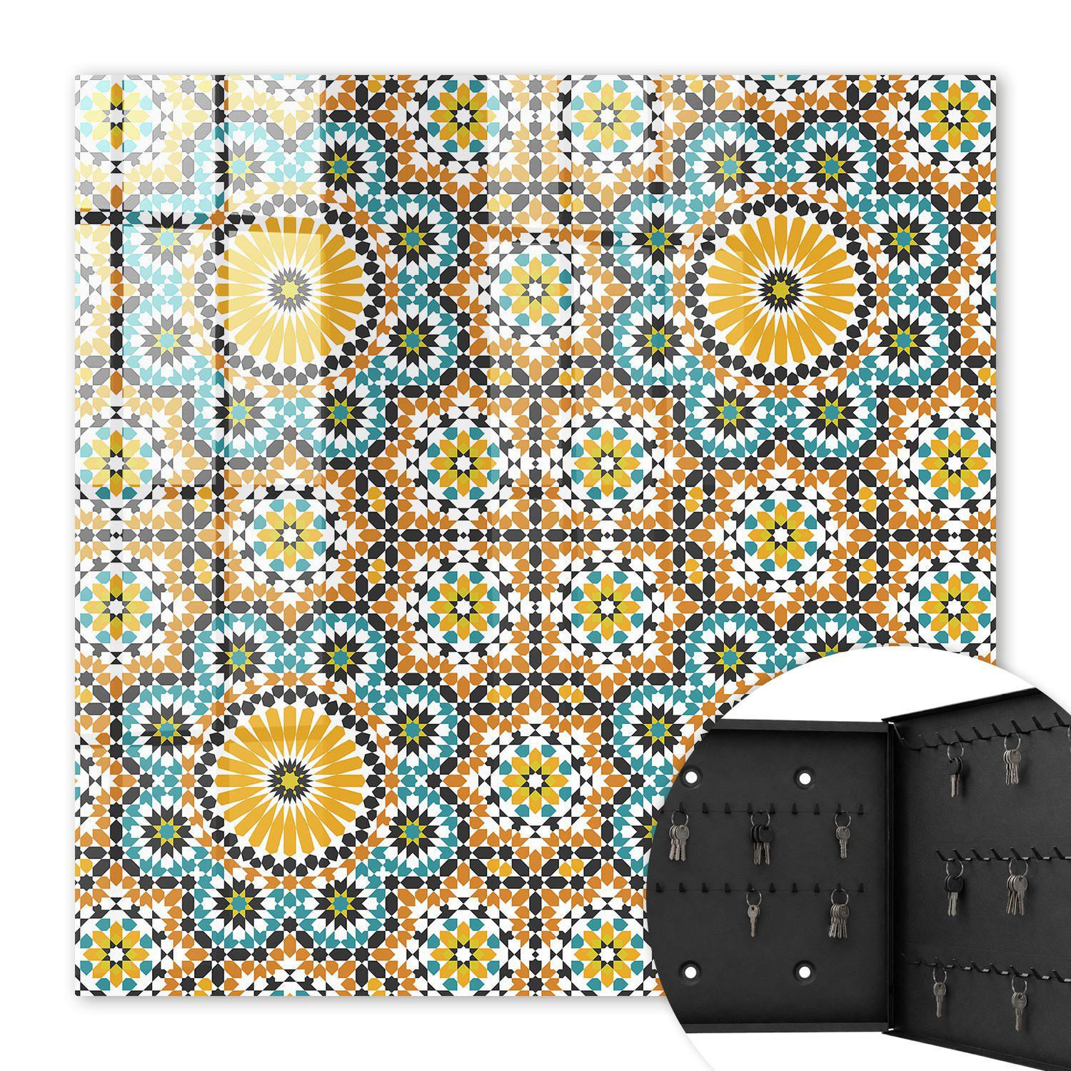 SCHLÜSSELBOX Schwarz 30x30 cm- Türöffnung nach rechts - Geometrisches Mosaik - Orange, Metall (30/30/5cm) - TULUP