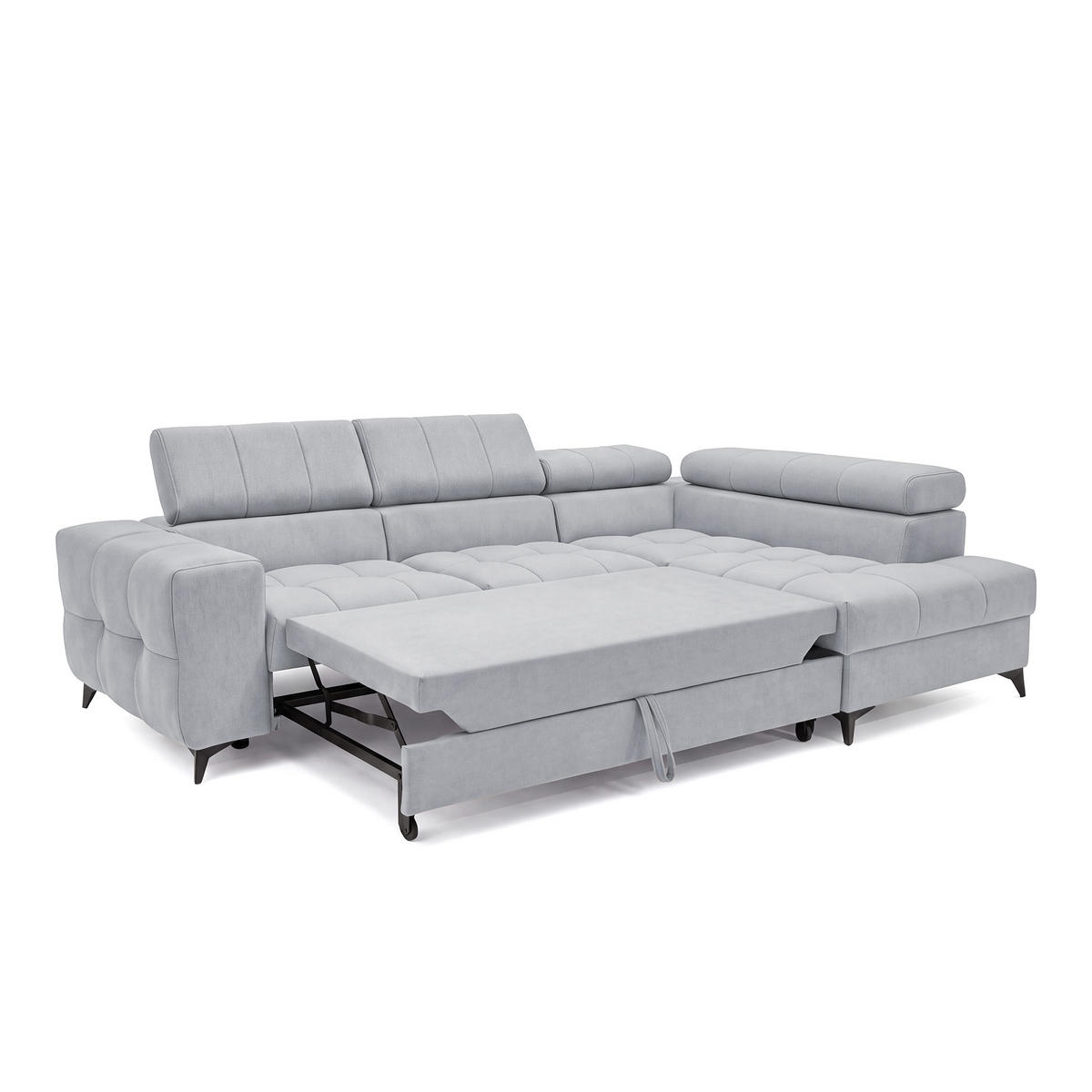 ECKSOFA PUDDING S Rechts mit Schlaffunktion 125x195 Velours Hellgrau - Hellgrau/Schwarz, Holz/Textil (275/177cm) - Muffo