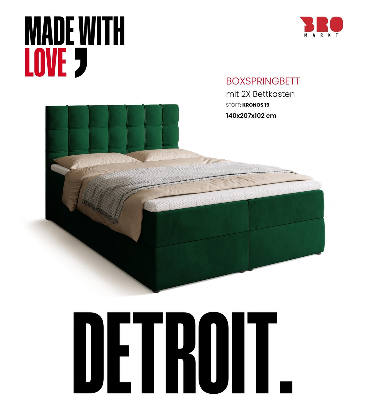 BOXBETT Detroit mit Topper 140/200 Grün - Grün, Holzwerkstoff/Textil (140/200cm) - Bromarkt