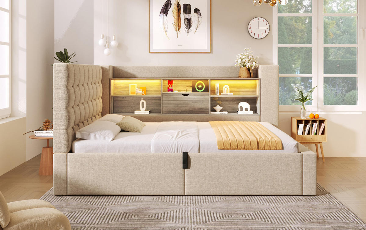 POLSTERBETT 90/190 cm Beige aus Leinen mit LED-Beleuchtung und Stauraum - Beige, Textil (90/190cm) - OKMYHOME