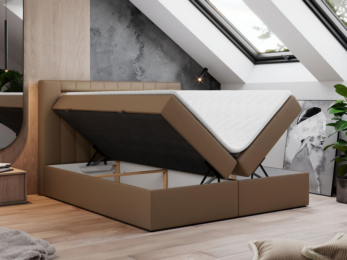 BOXBETT GOLD-5 LED 200/200 Braun Kunstleder - H3 - Braun, Holz/Textil (200/200cm) - MKS