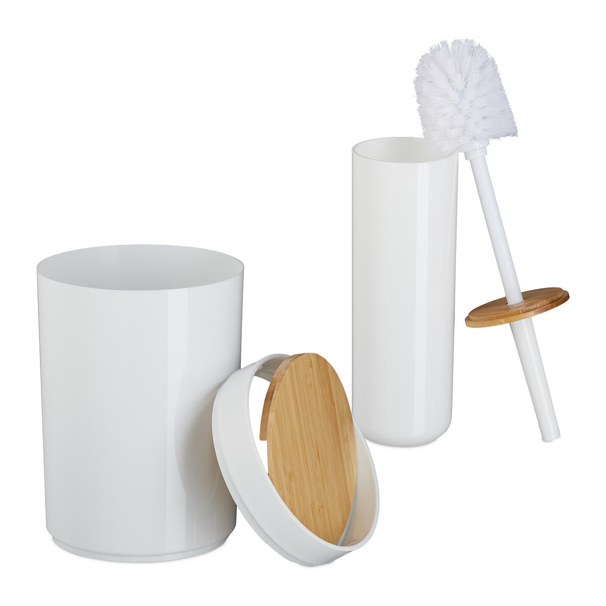 BADEZIMMER-SET 7-tlg. - Weiß, Holz/Kunststoff (18/27/18cm) - Relaxdays