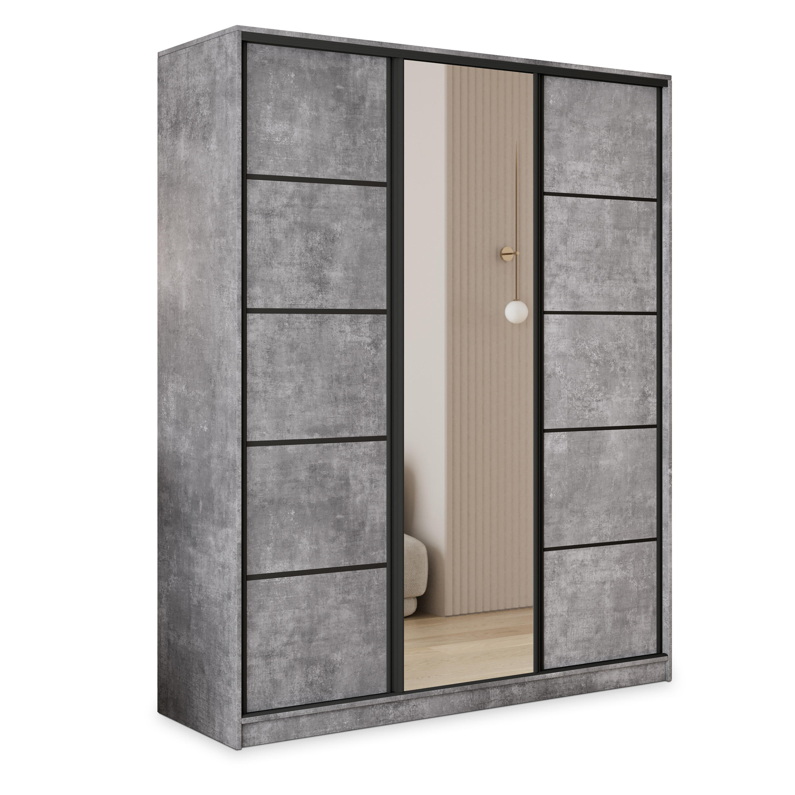 SCHWEBETÜRENSCHRANK PINA 160/205/58 cm 3-türig mit Spiegel und 4 Schubladen Titanfarben - Titanfarben, Holzwerkstoff (160/205/58cm) - MASSENO
