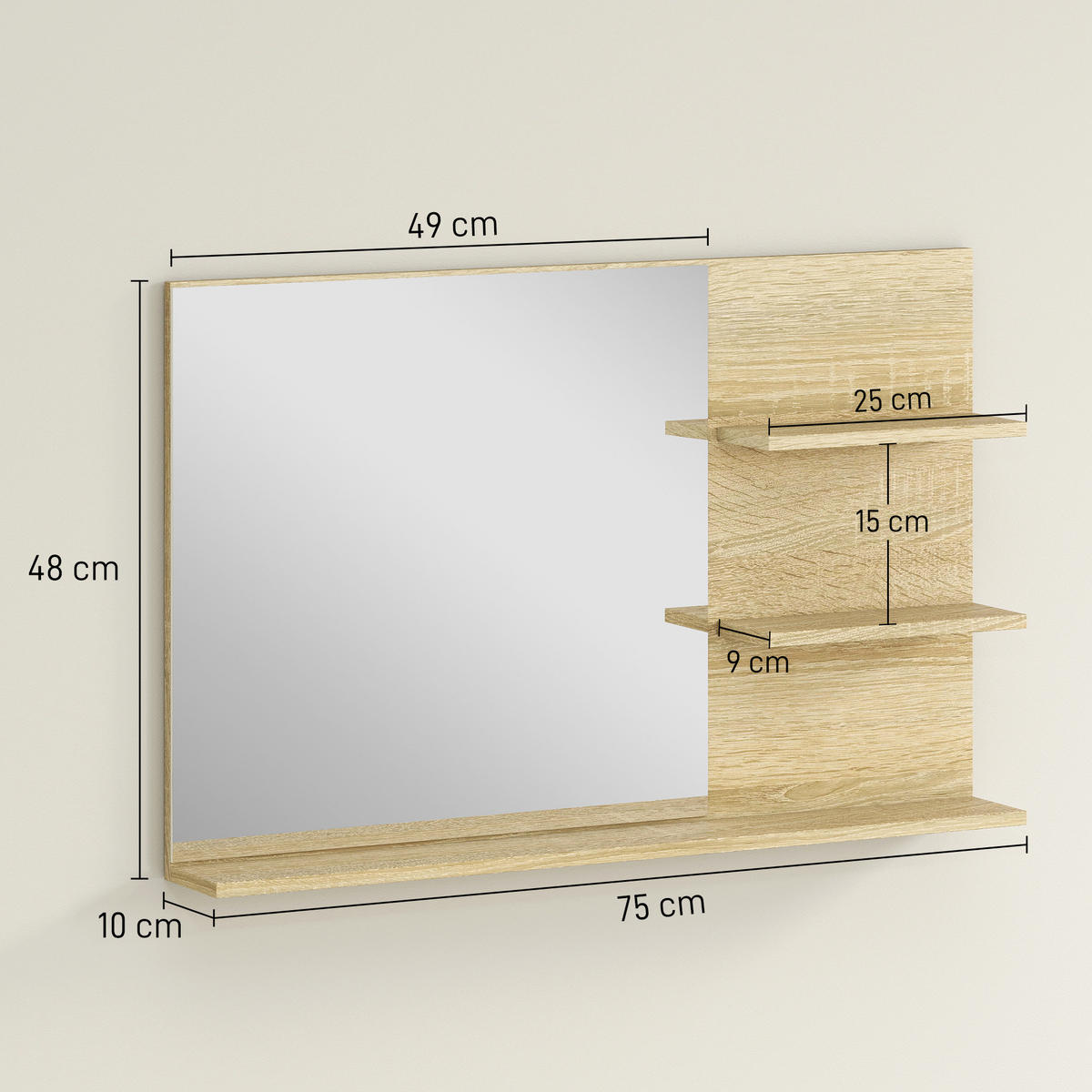 BADEZIMMERSPIEGEL mit zwei seitlichen Ablagen und einer unteren Ablage,75 x 10 x 48 cm ,Holzfarbe - Braun, Glas (10/48/75cm) - Vallsero