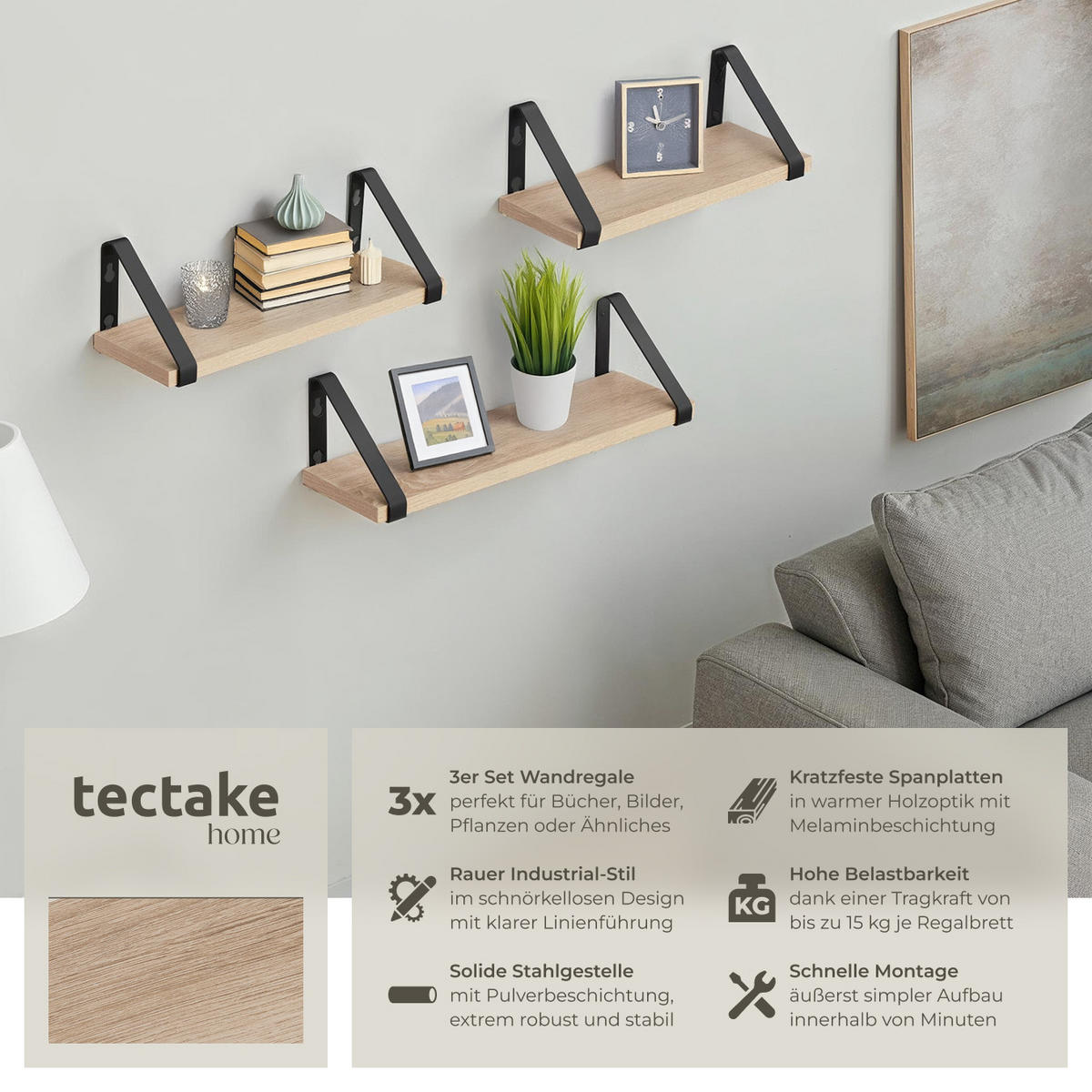 WANDREGAL 3er Set Cowell,Höhe 12 cm, Industrial Holz hell, Eiche Sonoma - Naturfarben, Holzwerkstoff (12/12/40cm) - tectake
