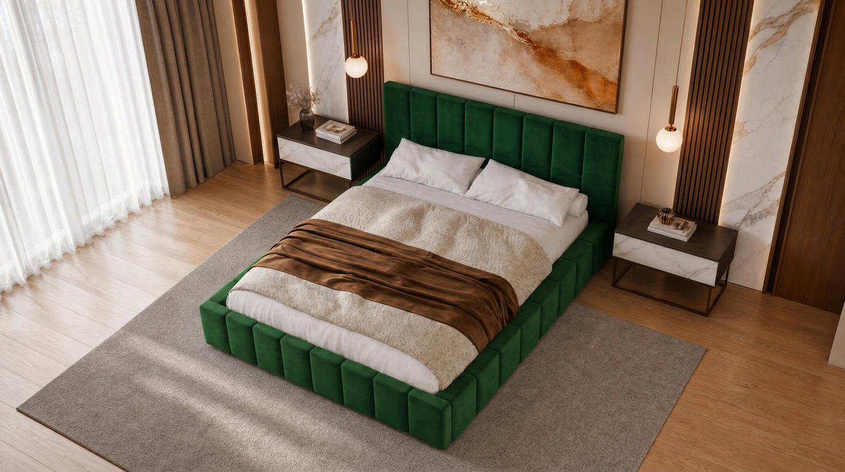 POLSTERBETT 140x200 cm, Alma, Doppelbett mit Bettkasten, Lattenrost aus Holz, Velourstoff, Grün - Grün, Holz/Textil (140/200cm) - Marpur
