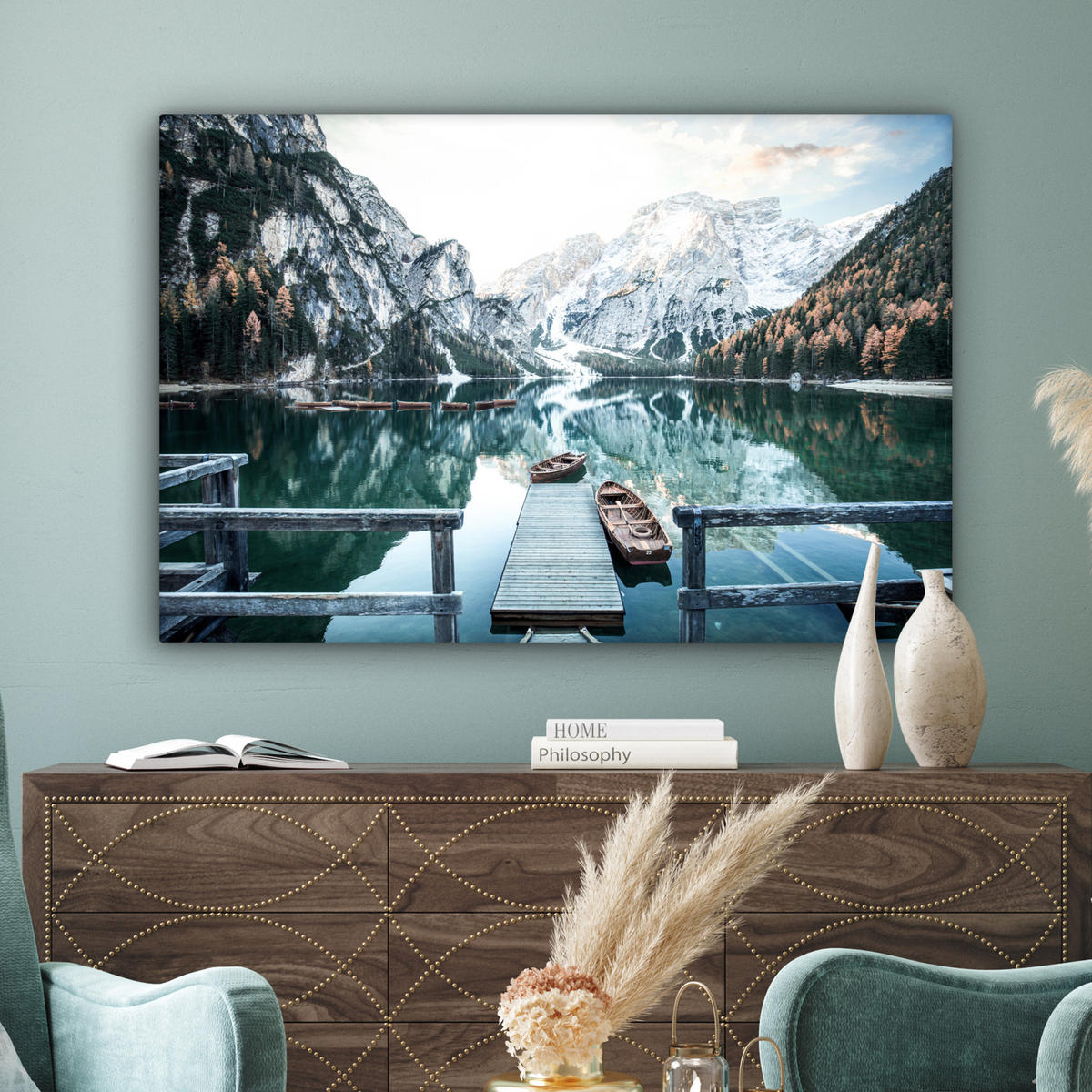 LEINWANDBILD Natur - Berge - Schnee - Wald - Boot 140x90 cm - Hellgrün, Textil (140/90cm) - MuchoWow