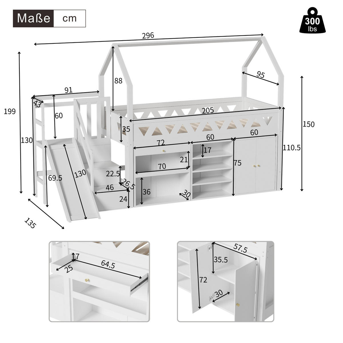 HAUSBETT 90/200 cm Weiß mit Rutsche und Treppen aus Massivholz - Weiß, Holzwerkstoff (90/200cm) - OKWISH