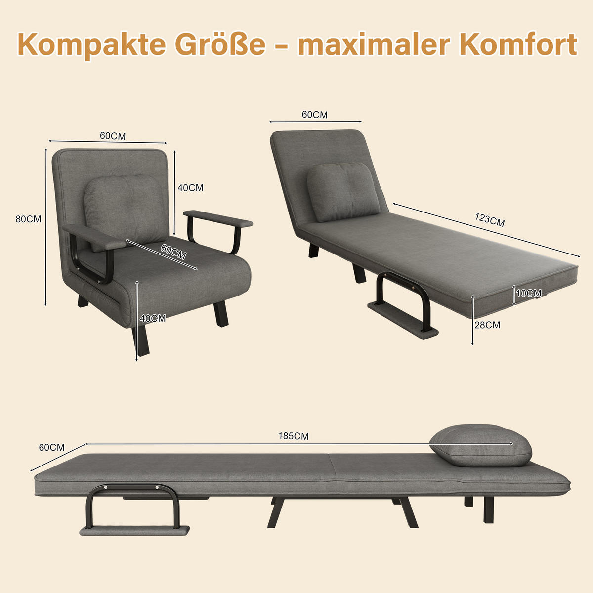 SCHLAFSESSEL 5-fach verstellbar und Liegefunktion, DE-42425, Grau - Grau, Metall (60/79/60cm) - ComfortXL