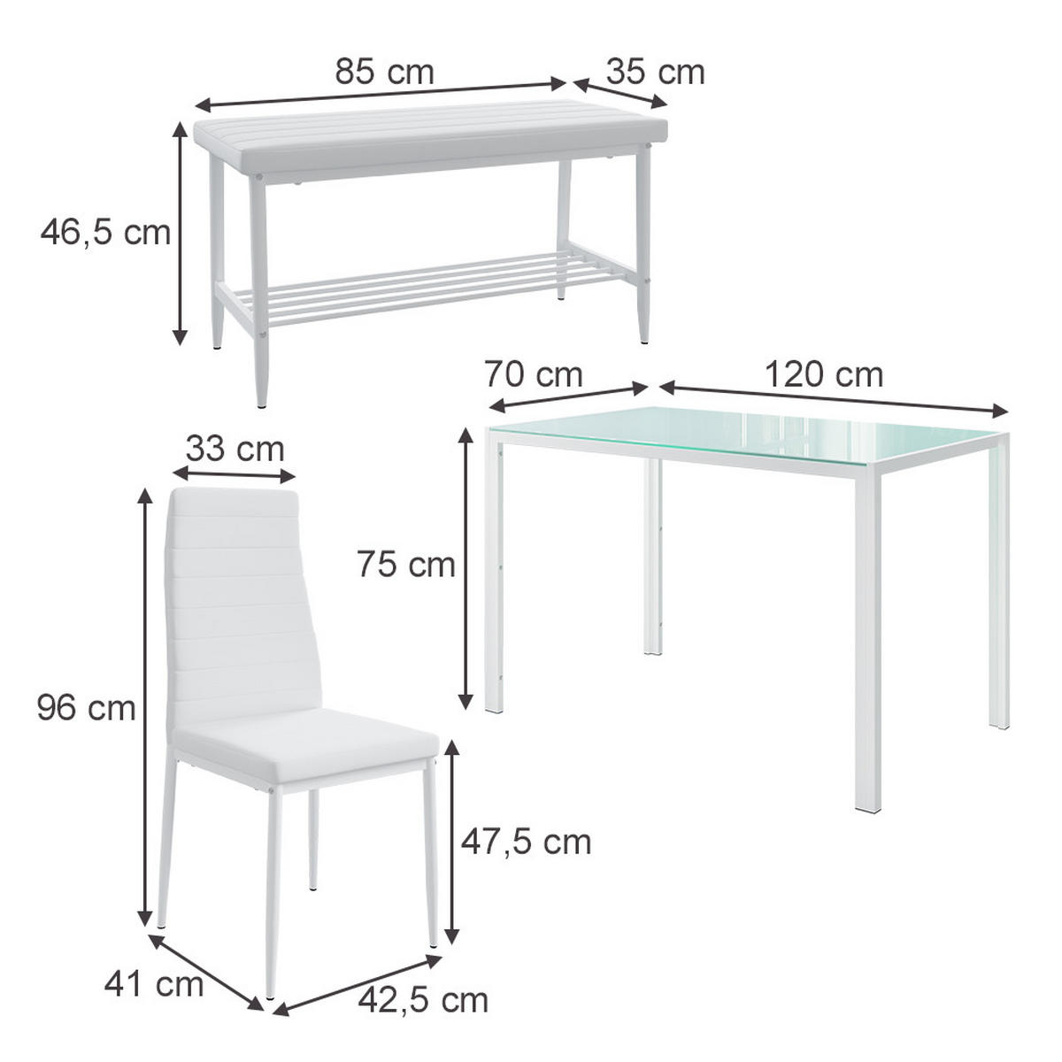 ESSTISCH-SET Grand Weiß 120 x 70 cm 4-teiliges Set - Weiß, Metall (120/75/70cm) - Vicco