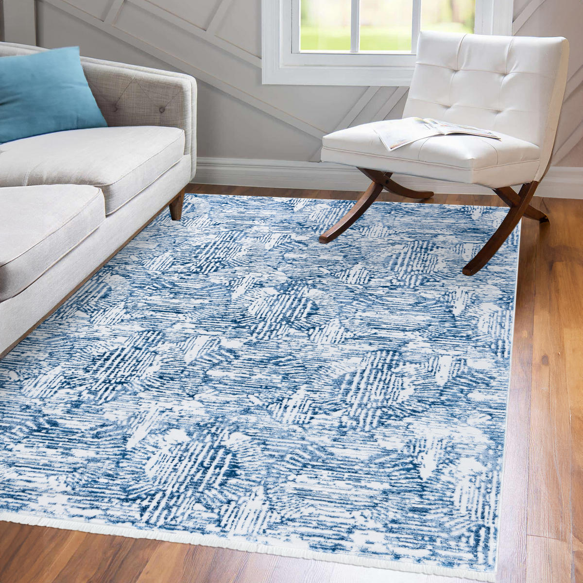 TEPPICH Blau Modern Geometrisch - Rechteckig mit Fransen, Abstrakt - 80 x 200 cm - Dunkelblau/Weiß, Textil (80/200cm) - Mazovia