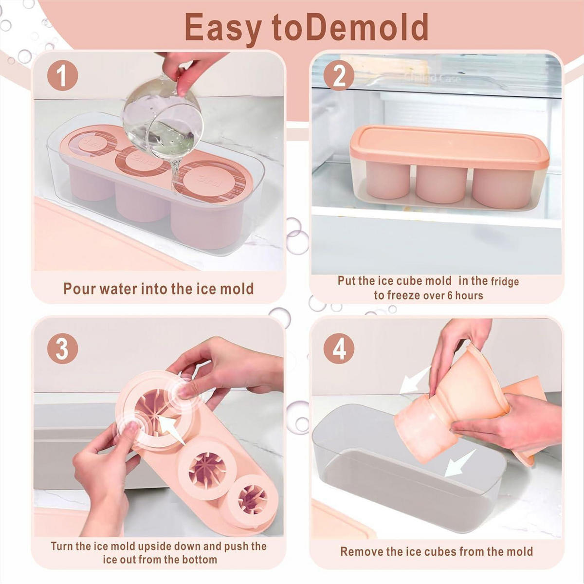 EISWÜRFELFORM Silikon 3er Set mit Behälter - Rosa, Kunststoff (1/1/1cm)