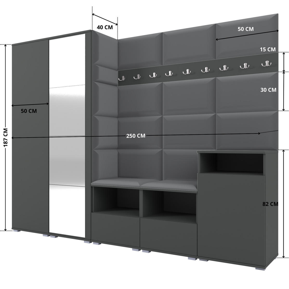 GARDEROBE NELA VIII 250 cm (Modulare Flurmöbel Graphit mit Spiegel & Sitzpolster Dunkelgrau 15 Set XL) - Dunkelgrau/Silberfarben, Holz/Holzwerkstoff (250/187/40cm) - Ravio