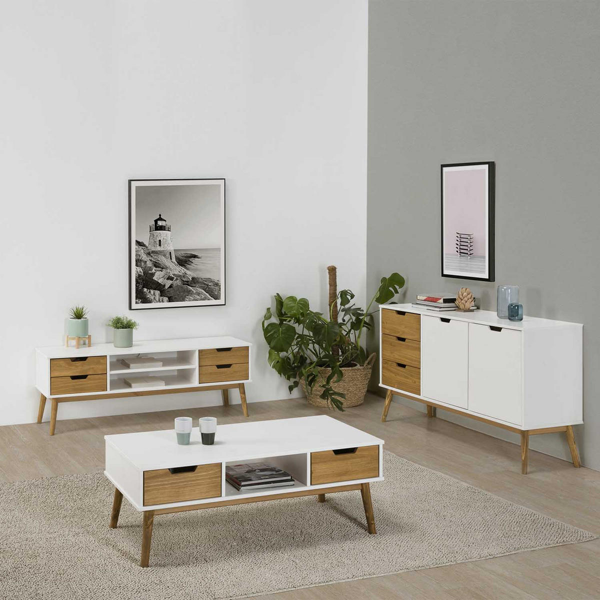 TV-ELEMENT Java 1 Tür 2 Schubladen Weiß - Weiß, Holz (140/52/40cm) - VS Venta-stock