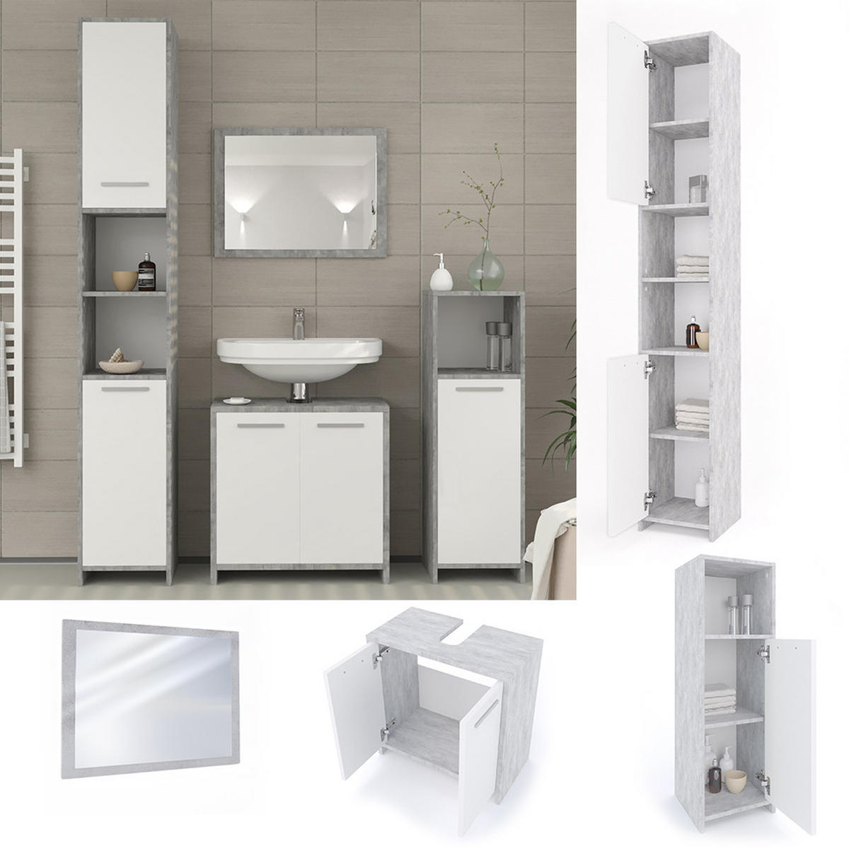 BADMÖBEL-SET Kiko Beton 4 Teile - Weiß/Grau, Holzwerkstoff (58/60/33cm) - Vicco