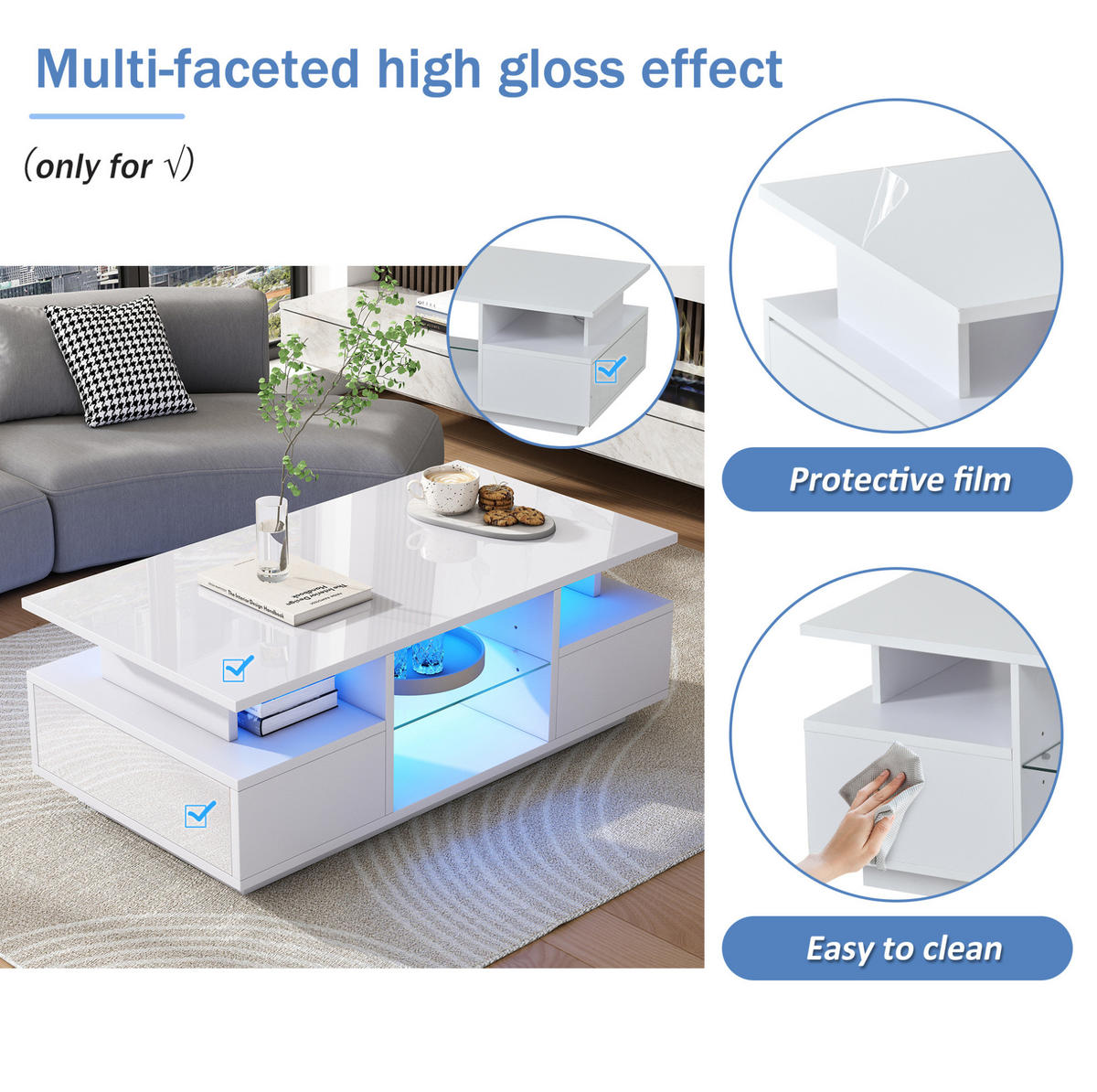 COUCHTISCH aus Spanplatte 100x50x36 cm Weiß mit LED-Beleuchtung, 2 Schubladen und Glasablagen - Weiß, Holzwerkstoff (100/50/36cm) - IVMEU