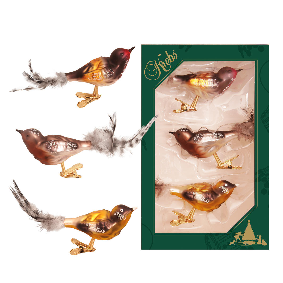 CHRISTBAUMSCHMUCK Vögel Natur Mehrfarbig 9cm (Glas / 3 Stk.) - Multicolor, Glas (4/4/9cm) - Krebs Glas Lauscha