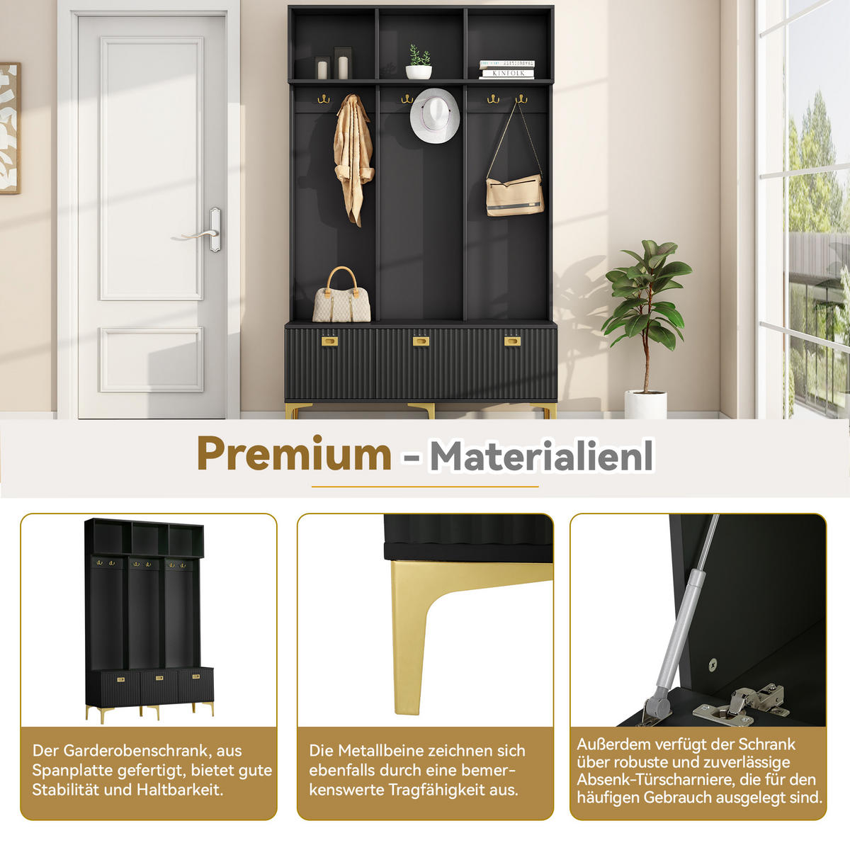 GARDEROBE-SET in Schwarz Highboard mit Bank offene Aufbewahrung 6 goldene Haken multifunktional , B120/T40/H191.5cm - Goldfarben/Schwarz, Holzwerkstoff/Metall (120/191/40cm) - STILVORA