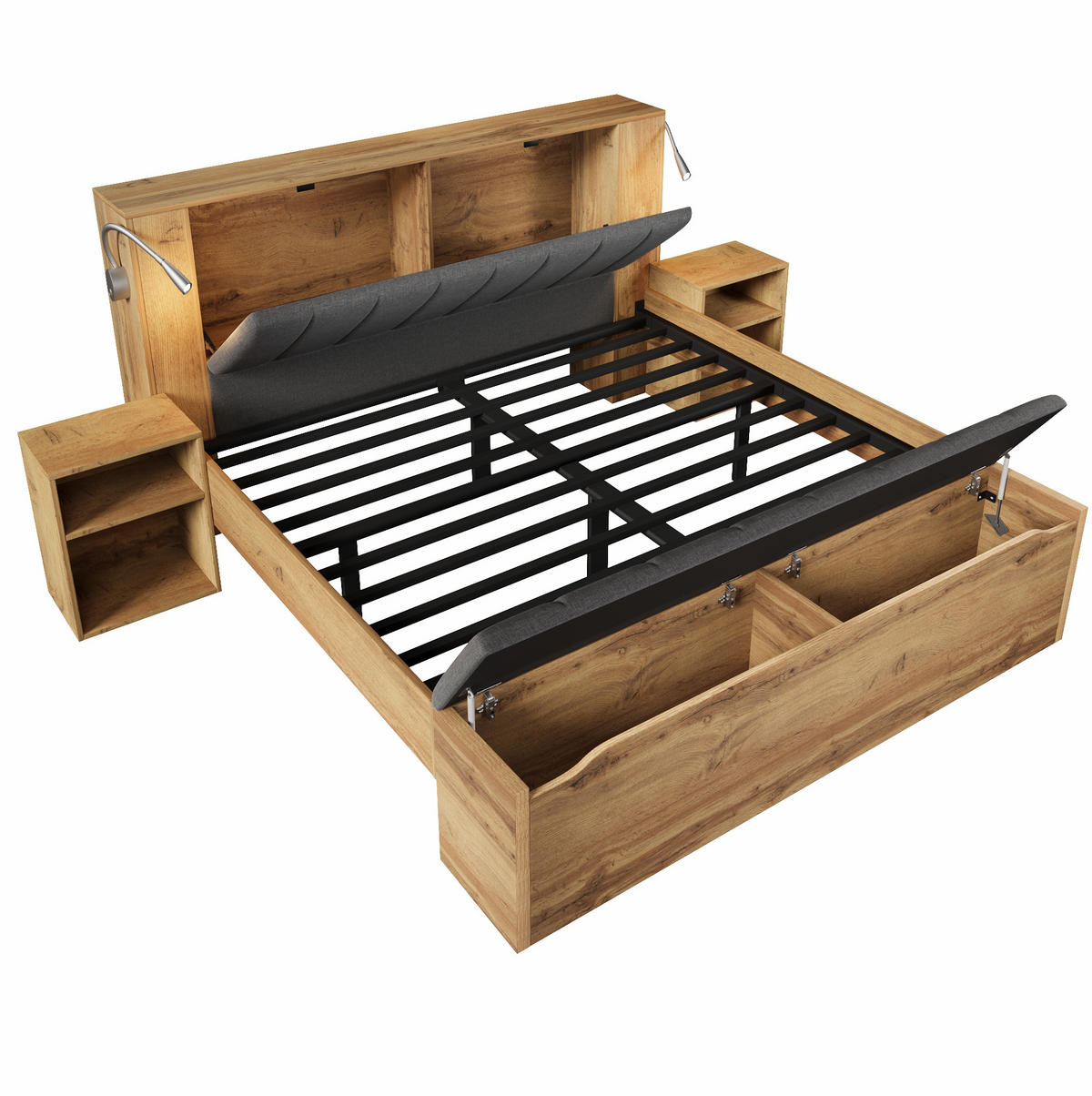 BETT 160/200 cm in Eiche mit Nachttischen, Bettbank und USB-Leselampen - Eichefarben, Holzwerkstoff (160/200cm) - Flora Grace