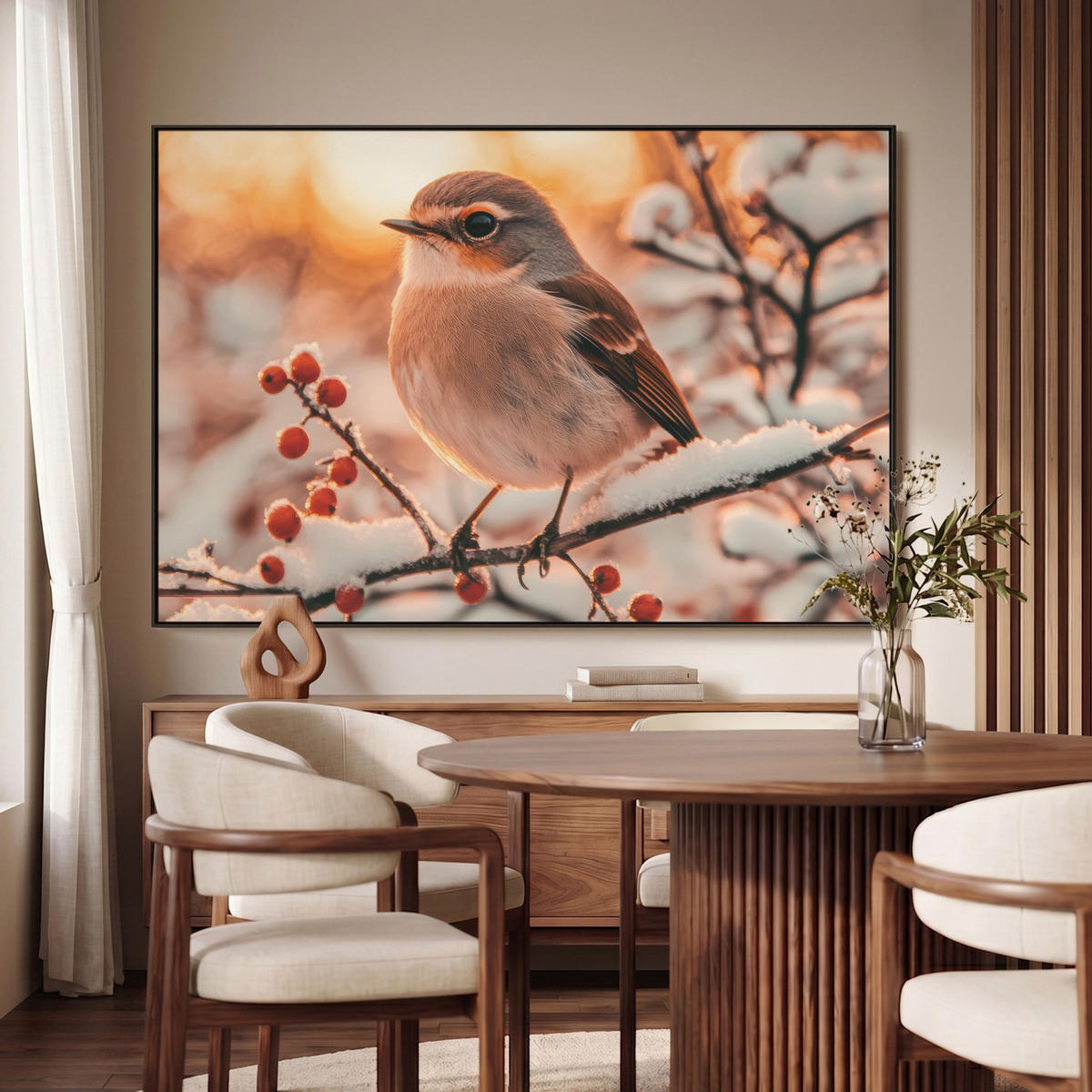 LEINWAND Bilder mit Rahmen - Vogel - Zweig - Winter - Tiere - Schnee - 140x90 - Bernsteinfarben, Textil (140/90cm) - MuchoWow
