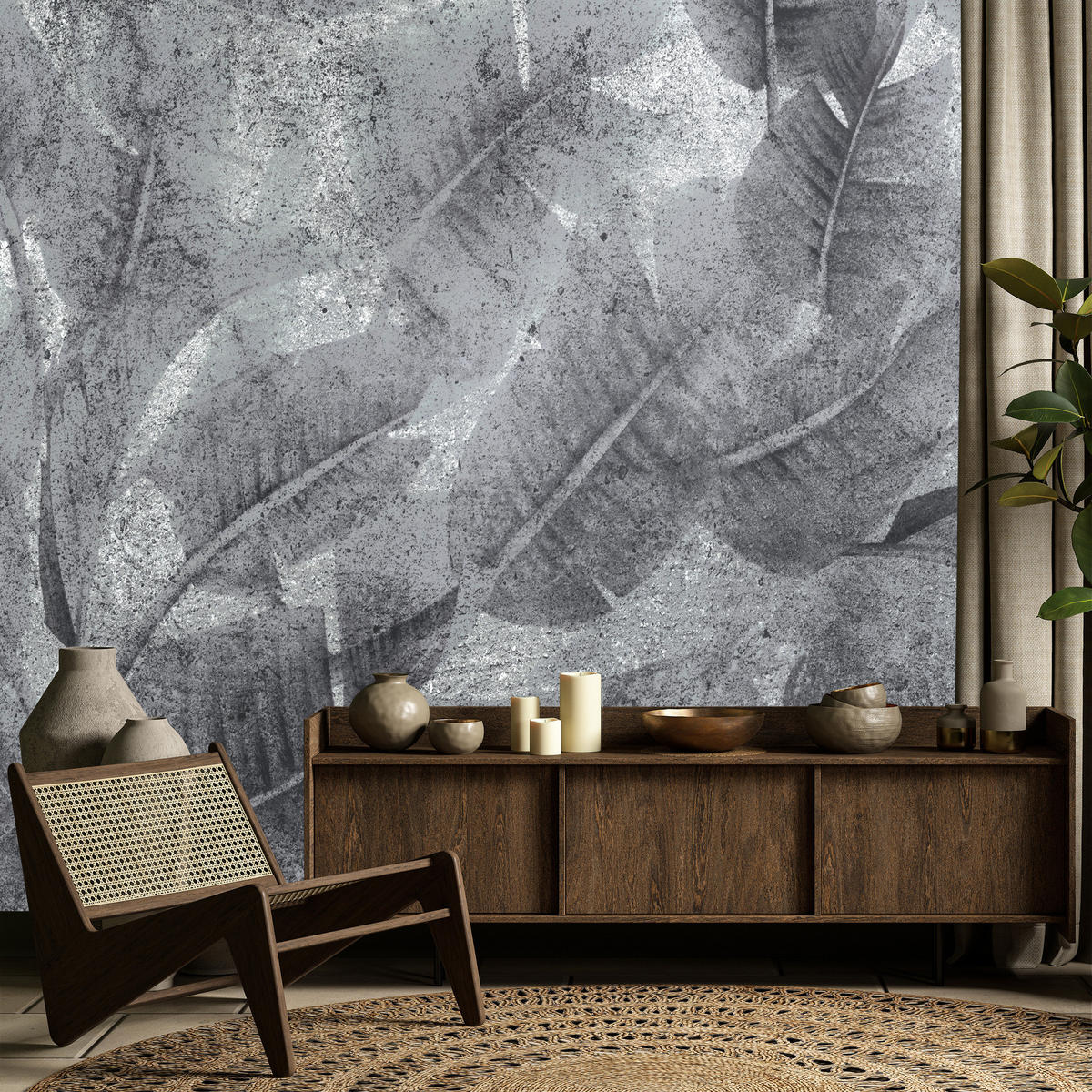 FOTOTAPETE Blätter auf Beton Abstraktion Vintage 400x280 - Grau, Papier (400/280cm) - Muralo