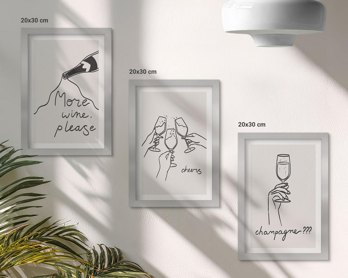WANDBILDER 3er Set - 20x30 cm Silberner Rahmen - Champagner-Wein-Linienzeichnung - Silberfarben, Kunststoff (20/30cm) - ArtPrintCave