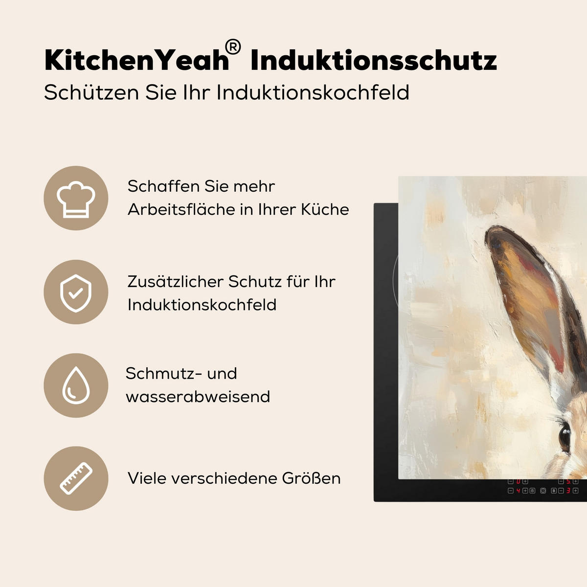 HERDABDECKPLATTE Hase - Ohren - Braun Induktionsmatte 71x52 cm - Beige, Kunststoff (71/52/0.2cm) - MuchoWow