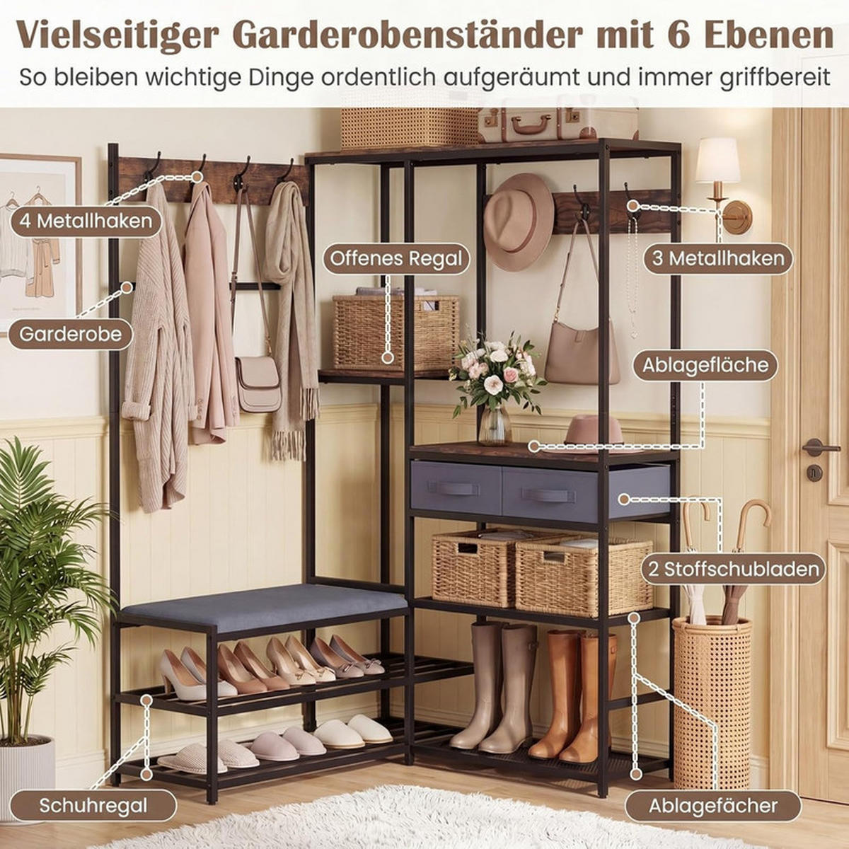 GARDEROBENSTÄNDER mit gepolsterter Sitzbank schwarz - Schwarz, Metall (107/152/99cm) - COSTWAY