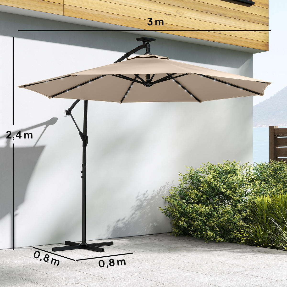 AMPELSCHIRM mit Solar LED Metall Polyester Beige - Beige, Textil/Metall (300/300cm) - Outsunny