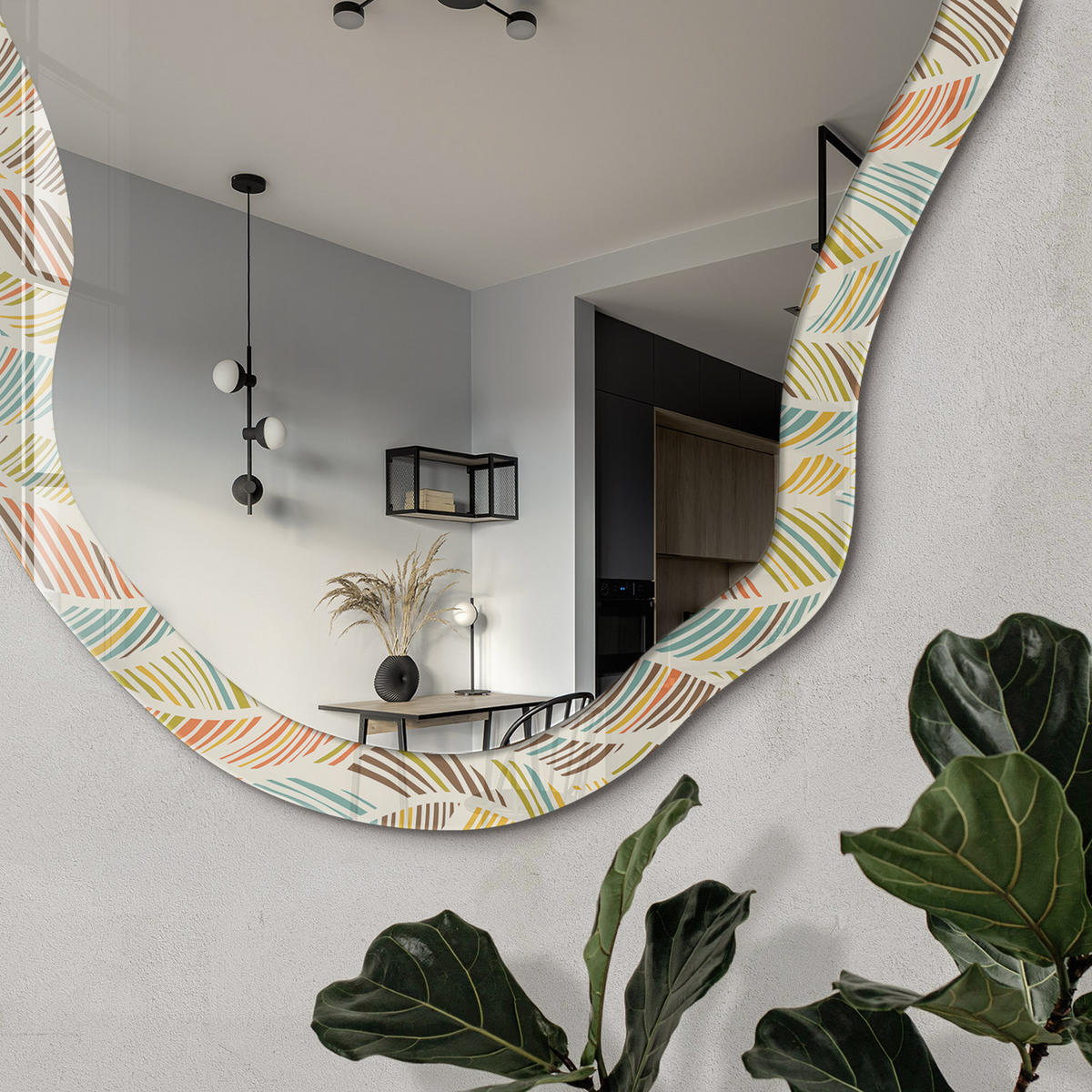 SPIEGEL 90x45 cm asymmetrisch mit Druck - Bunte Wellen - Transparent, Glas (45/90/0.4cm) - TULUP