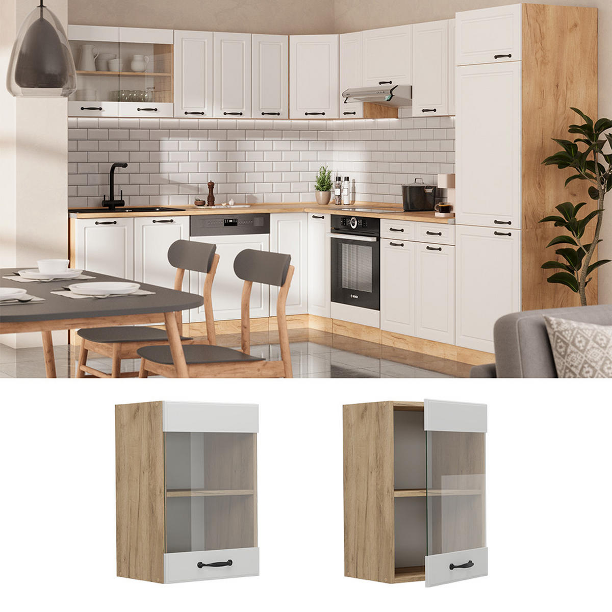 KÜCHENGLASHÄNGESCHRANK R-Line Weiß Landhaus 40 cm - Honigeiche/Eiche Wotan, Holzwerkstoff (40/60/31cm) - Vicco