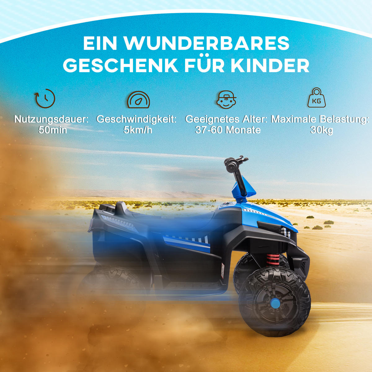 ELEKTRO Quad für Kinder 12V Kinderquad mit 4-Rad-Federung, MP3-Musikplayer - Blau, Metall (85/55.5/62cm) - AIYAPLAY