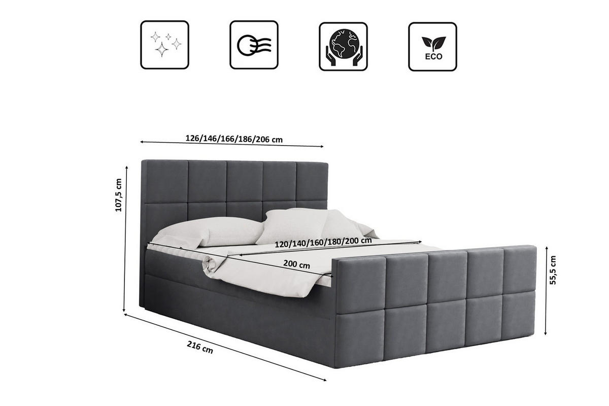 BOXBETT mit Bettkasten und Matratze Topper HANA Stoff Matt Velvet Grau 200x200 cm H2-Pocket - Grau, Holz/Textil (200/200cm) - Kaiser Möbel