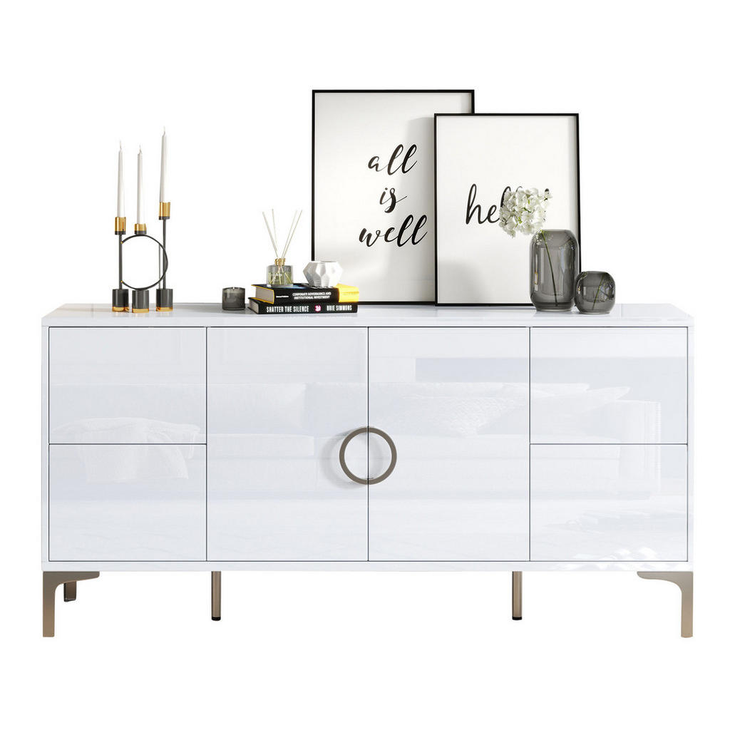Modfu KOMODA z MDF 150x38x59,5 cm bílá se 4 zásuvkami, 2 dvířky a vysokým leskem