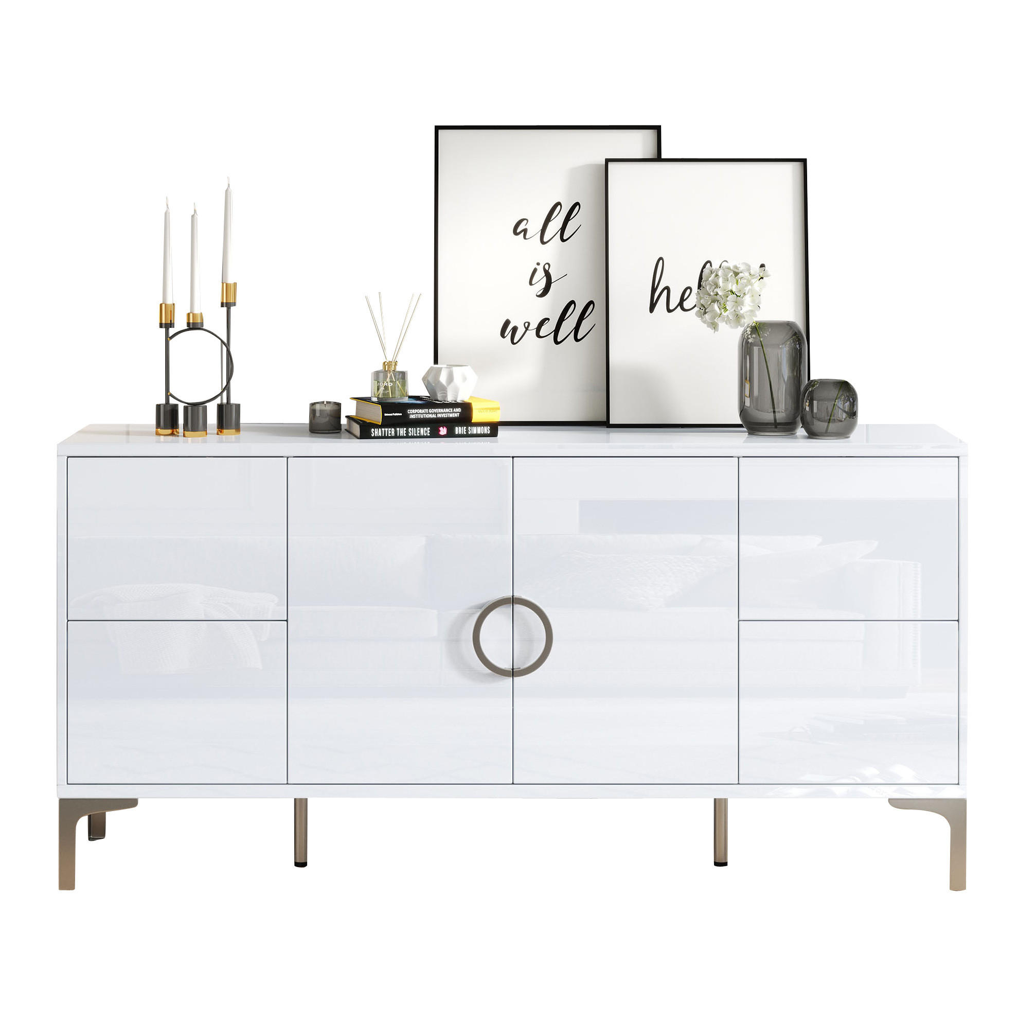 SIDEBOARD aus MDF 150x38x59,5 cm Weiß mit 4 Schubladen, 2 Türen und Hochglanzoberfläche - Weiß, Holzwerkstoff (150/59.5/38cm) - Modfu