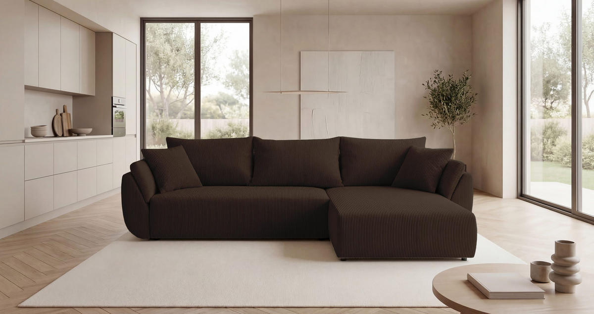 ECKSOFA SYDNEY rechts braun Cord Poso 6 - Schlaffunktion, Bettkasten - Braun, Textil (280/175cm) - Cornero