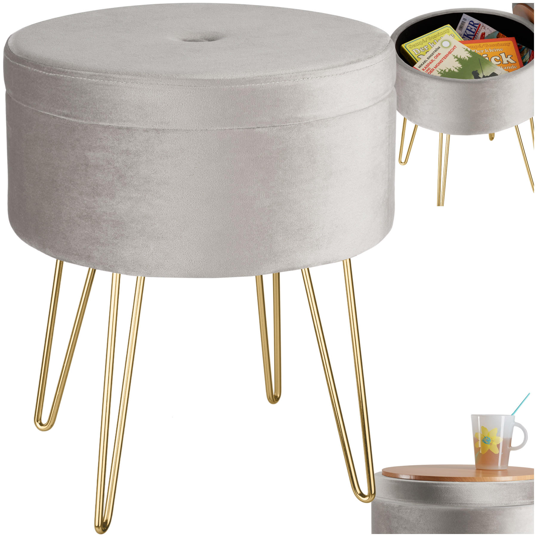 SITZHOCKER mit Stauraum Ava,37,5 x 44,5 cm,hellgrau - Hellgrau, Holz (37.5/44.5/37.5cm) - tectake