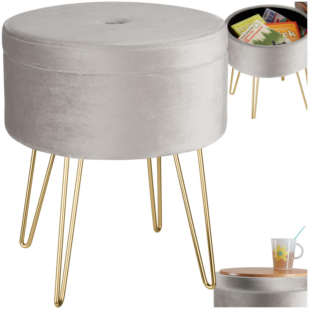 SITZHOCKER mit Stauraum Ava,37,5 x 44,5 cm,hellgrau - Hellgrau, Holz (37.5/44.5/37.5cm) - tectake