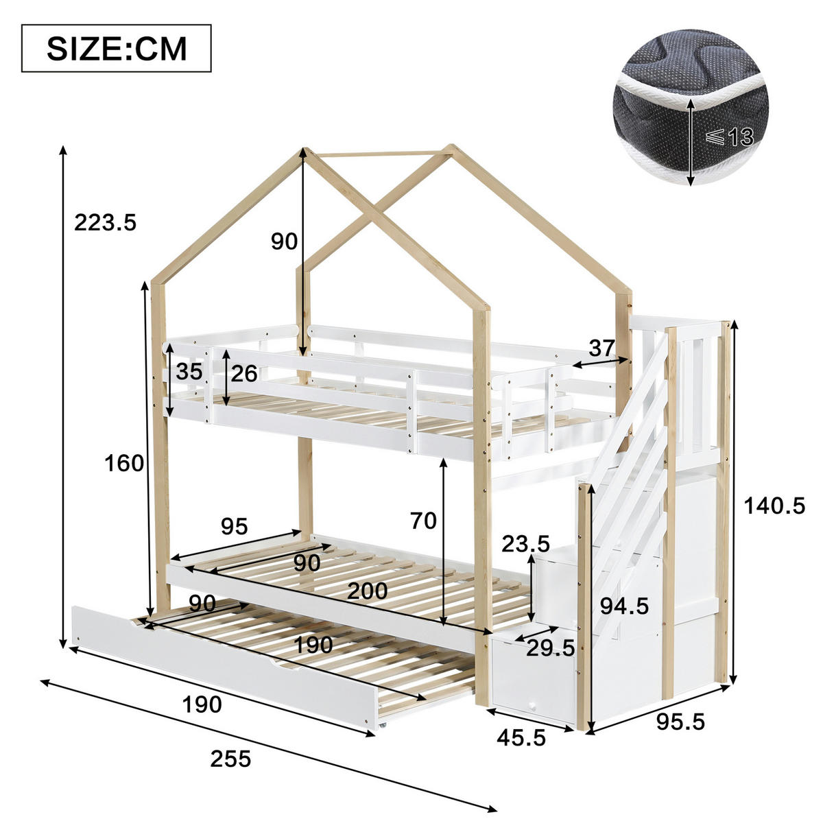 ETAGENBETT aus Massivholz und MDF 90x200 cm Natur/Weiß mit Ausziehbett, Treppe und Schubladen - Weiß, Holzwerkstoff (90/200cm) - IVMEU