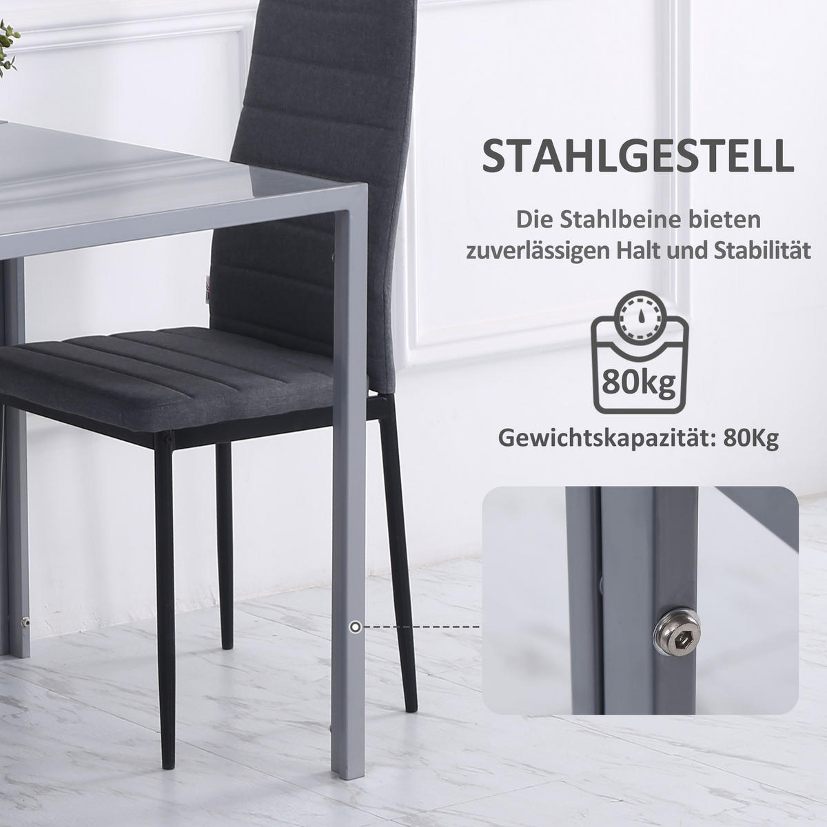 ESSTISCH Esszimmertisch Quadratischer Küchentisch für 4 Personen, Grau - Grau, Glas (75/75/75cm) - HOMCOM