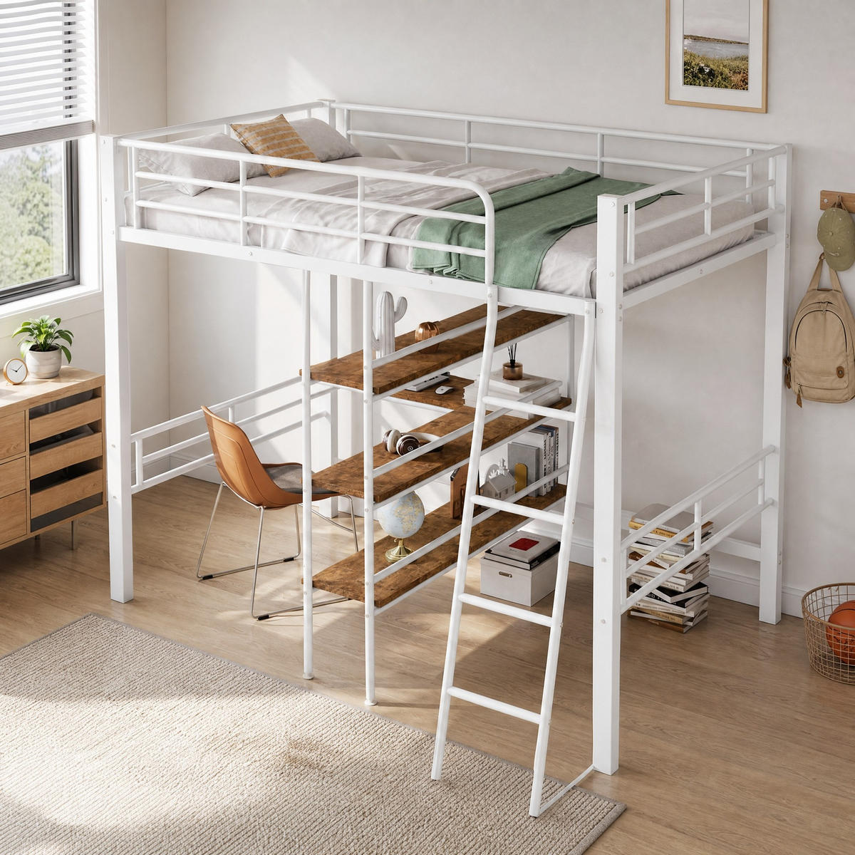 HOCHBETT 90/200 mit Schreibtisch, Regalen und Sicherheitsgeländer in Weiß - Weiß, Holz/Metall (90/200cm) - EVRYAE