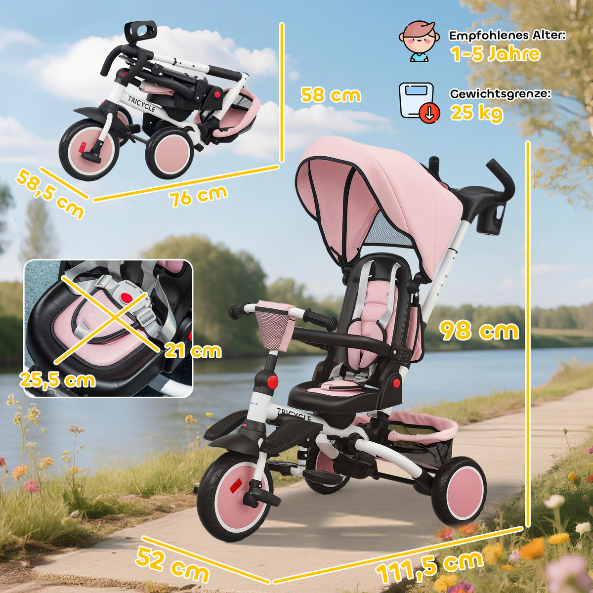 DREIRAD 6in1 mit Schubstange für 1-5 Jahre Kinderdreirad mit drehbarem Sitz Rosa - Rosa, Kunststoff (111.5/52/98cm) - AIYAPLAY