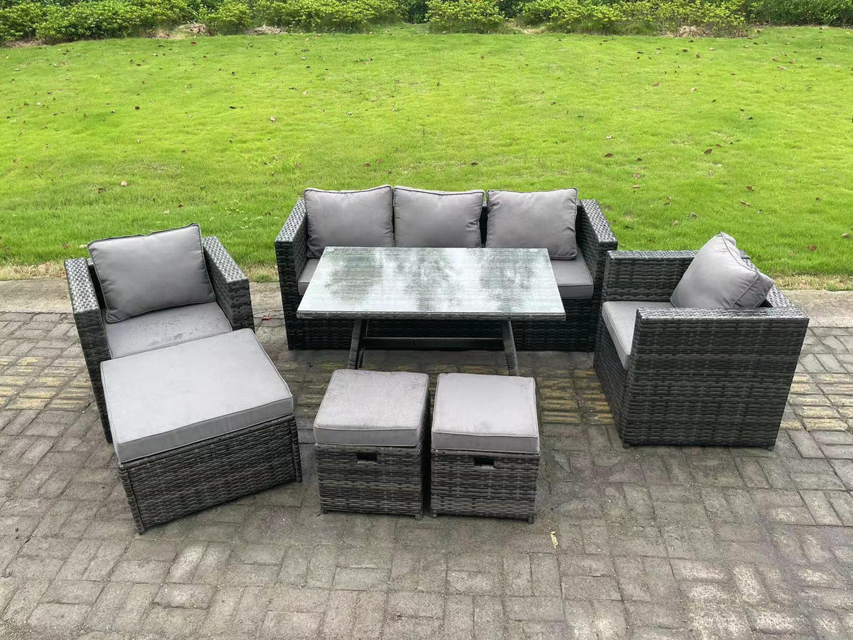 GARTENMÖBELSET mit Esstisch,Beistelltisch,Hocker 8-Sitzer Grau - Dunkelgrau/Grau, Glas/Kunststoff - Fimous