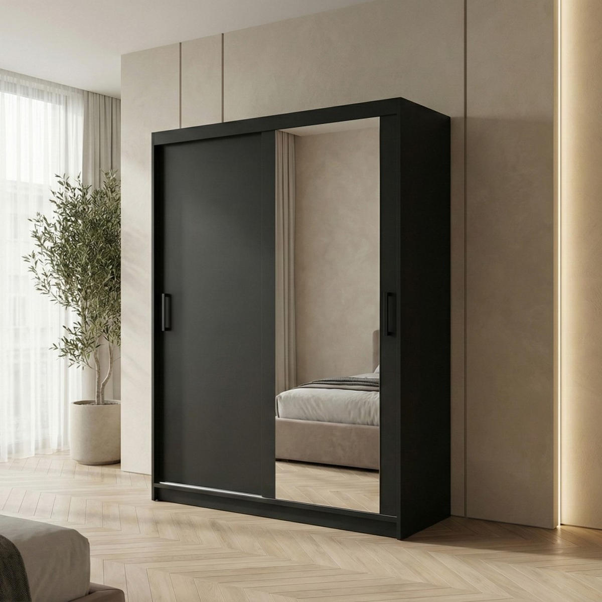 SCHWEBETÜRENSCHRANK Hela 120/205/60 2-türig schwarz mit Spiegel - Schwarz, Holzwerkstoff (120/205/60cm) - Beautysofa