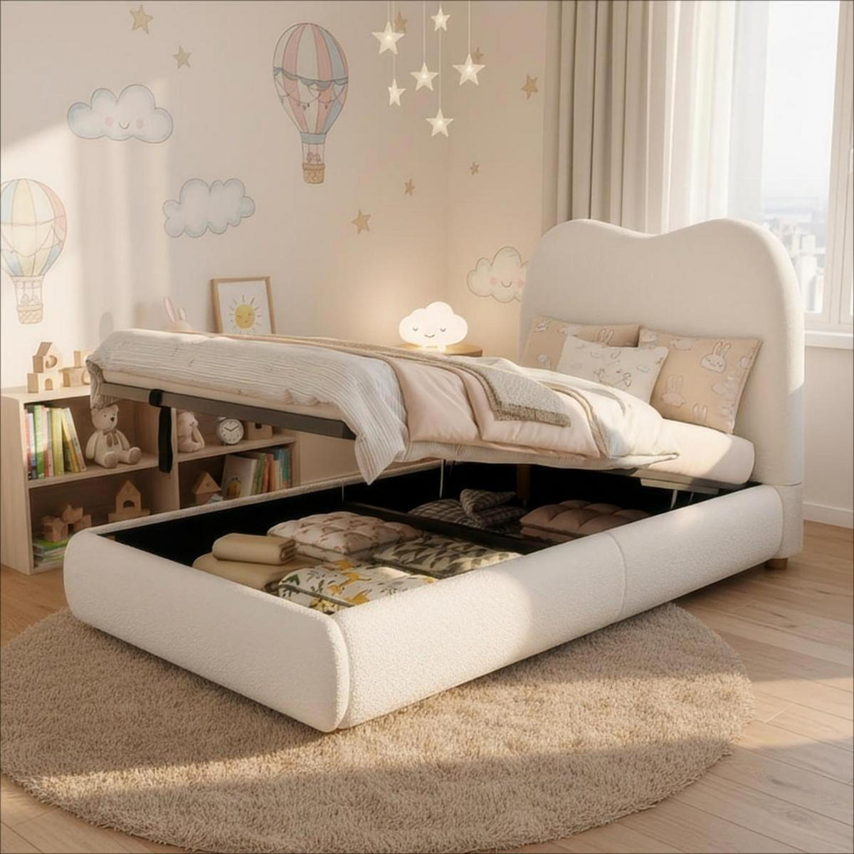KINDERBETT 90/200 cm in Beige Bouclé mit Bettkasten - Beige, Holzwerkstoff/Textil (90/200cm) - WISHDOR